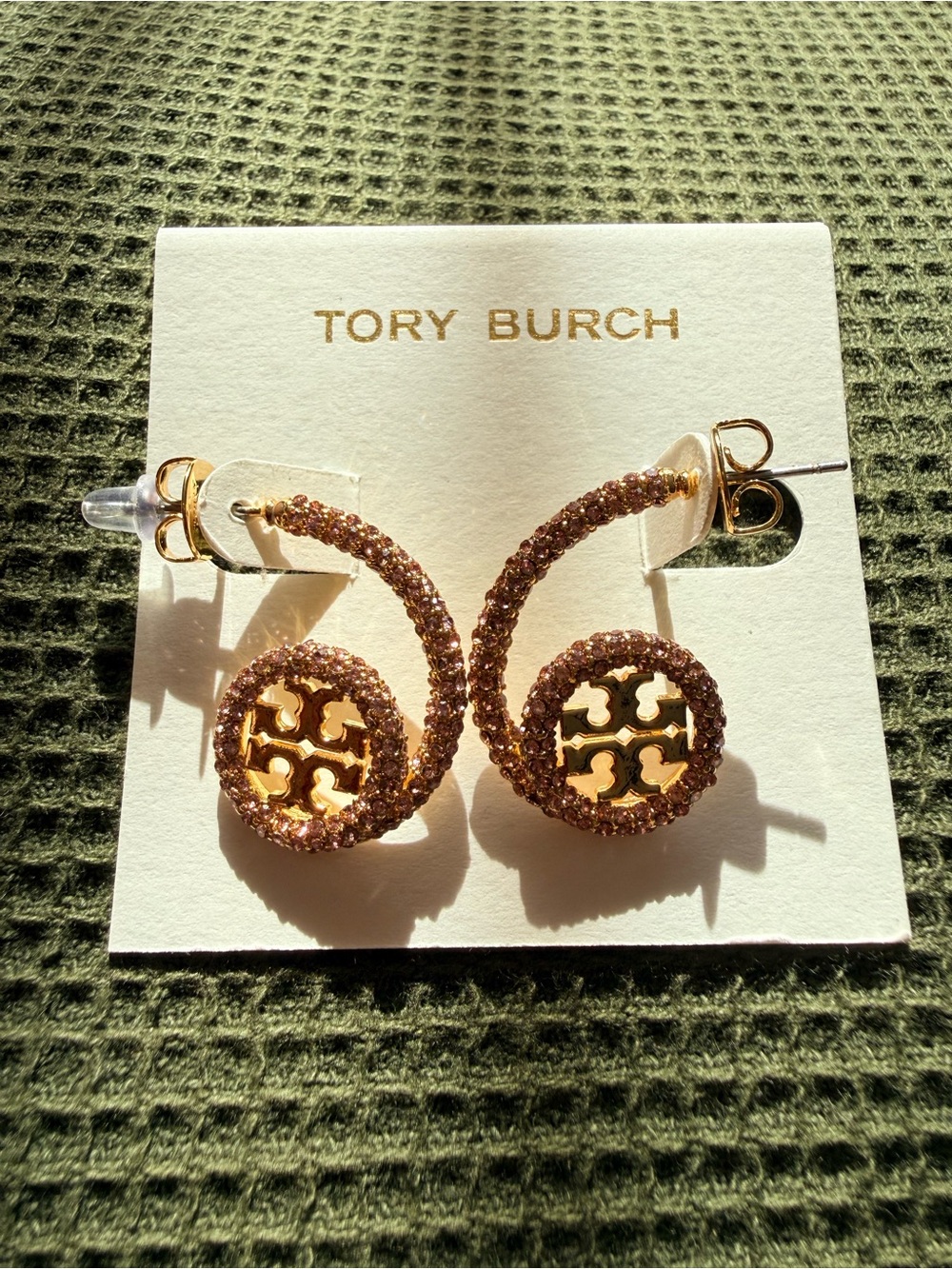 Tory Burch Gold and Pink pave loop Logo Earrings